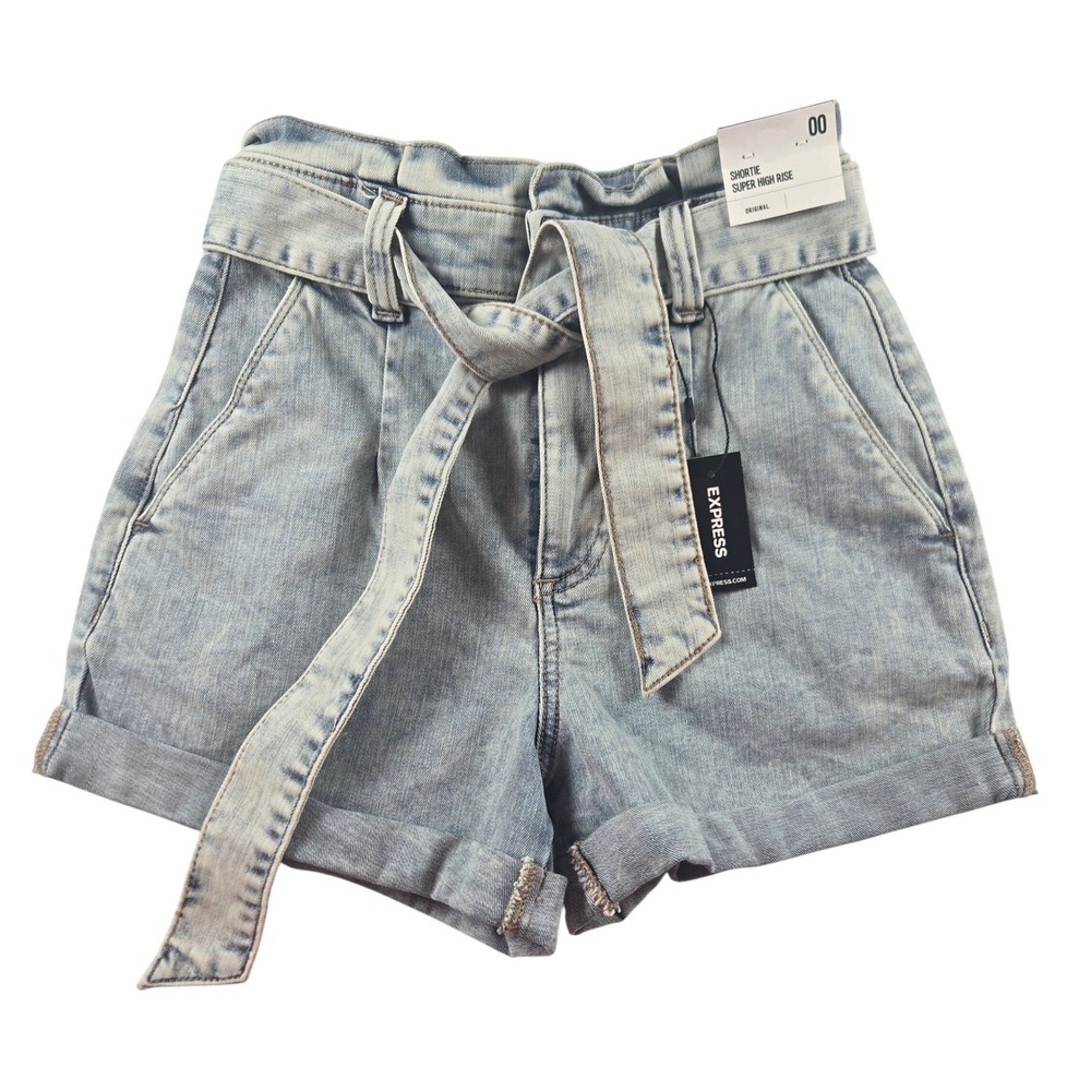 Express Shortie Super High Rise Denim Shorts Womens 00 Belted Cuffed NWT